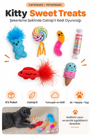 Petstages Kitty Sweet Treats Şekerleme Şeklinde Catnip'li Kedi Çiğneme Oyuncağı 6'lı Paket