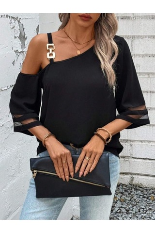 Kadın Askılı Asimetrik Kesim Kol Ve Yaka Kolda Tül Ve Aksesuar Detaylı Janjan Krep Bluz Karışık