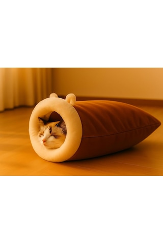 Kedi Mağarası 45 50 Cm Yumuşak Peluş Kedi Uyku Tüneli, Kapalı Güvenli Kedi Yatağı, Yıkanabilir, Sıcak T