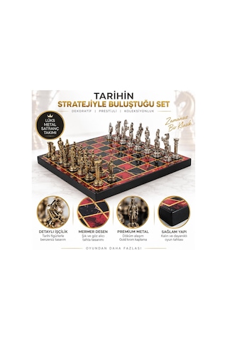 Lüks Metal Satranç Takımı Osmanlı Bizans Figürlü Krom Kırmızı Mermer Desenli 20 X 20 Premium Hediye