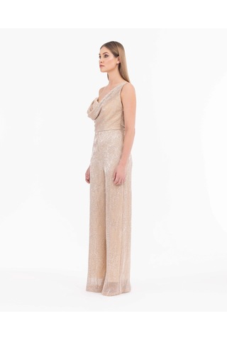 Degaje Yaka Tam Boy Askılı Abiye Tulum-gold Gold