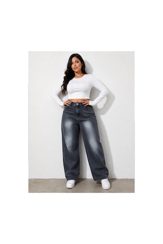 Kene Jeans Kemer Lastik Detaylı Füme İşlemli Battal Boru Paça Jeans Pantolon Füme İşlemli