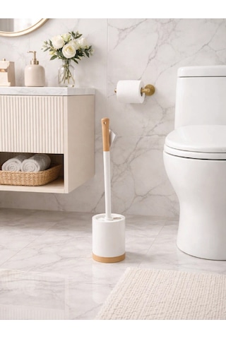 Ahşap Detaylı Silindir Tuvalet Fırçası Ve Standı Modern, Kapalı Hazneli Wc Fırçası Vıchy-7041 Gümüş