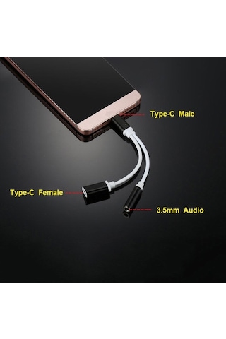 Type-C Usb C 2In1 Şarj + Kulaklık Dönüştürücü 3.5 Mm Jack Adaptör