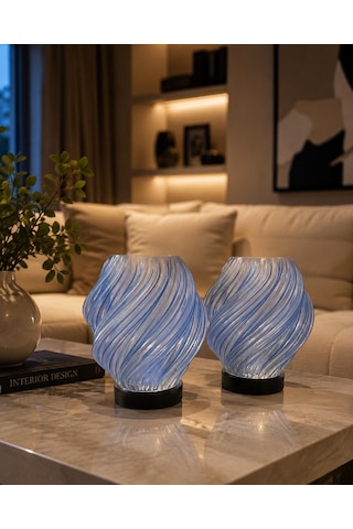 2 Adet Spiral Kablosuz Masa Lambası 11 X 13 Cm Tealight Led Işık Hediyeli Lacivert