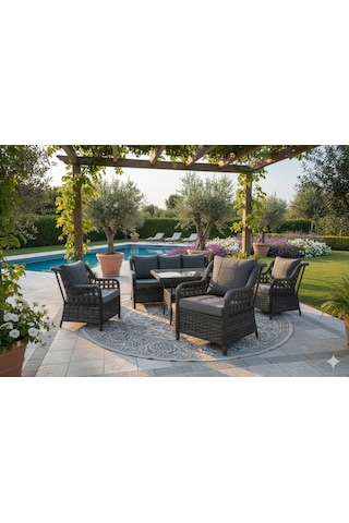Lüks Rattan Oturma Ve Yemek Seti 7 Kişilik - Bahçe/balkon Antrasit