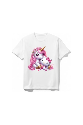 Urbantrendstore Unicorn Hello Kitty Sevimli Tatlı Unisex Kız Çocuk Bisiklet Yuvarlak Yaka Basic Kısa Kollu %100 Pamuk Tişört Beyaz