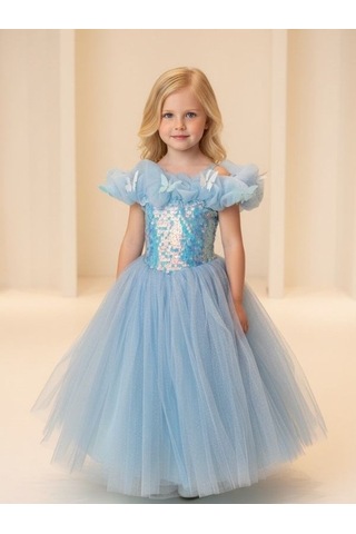 Zekids Kız Çocuk Kelebek Detaylı Tül Abiye Elbise-17246 Mavi