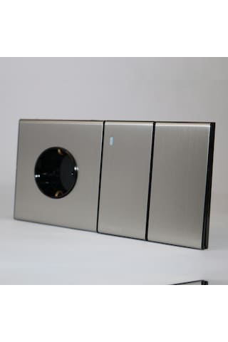 MERALLI INOX 2'li vavien anahtar, hakiki fırçalanmış paslanmaz çelik, çerçevesiz 86×86 Modüler kasa dahil
