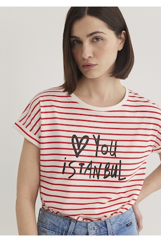 Mavi - Love You Baskılı Çizgili Istanbul Tişört 167986-26829 Beyaz