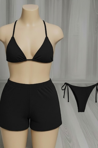 Epilons Zenvial Kadın 3'lü Set Siyah Şortlu Ve Yandan Bağlamalı Bikini Mayo Takımı Zenviall2
