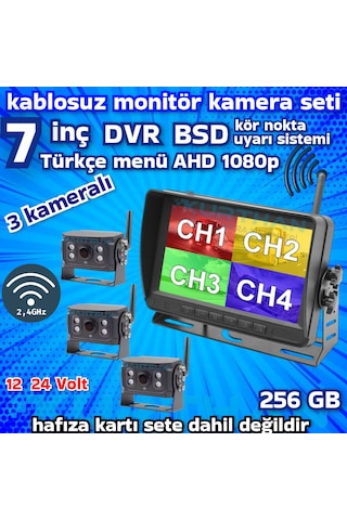 3 Adet Kablosuz Kamera Ahd 1080p 7 İnç Dvr Monitör Bsd Kör Nokta Sistemli 12 24 V