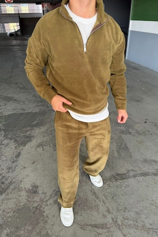 Mass Plus Oversize Fermuarlı Dik Yaka Baggy Pantolonlu Polar Takım Haki