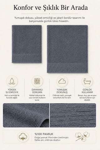 2 Parça Banyo Havlu Seti %100 Pamuk 90x150 + 50x90 Cm Elora Collection İndigo