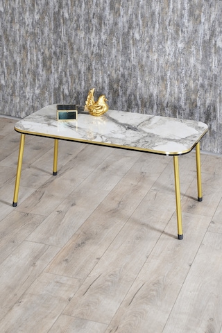 Zigon Sehpa Ve Orta Sehpa Kr Set Çift Gold Metal Beyaz Mermer Desen