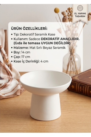 Minimalist Tasarım Dekoratif Seramik Kase & Vazo Ters Çevrildiğinde 2 Fonksiyonlu Mat Beyaz Modern Masa Aksesuarı 17x14 Cm