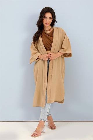 Wpr Kimono Arkası Baskılı Püsküllü Keten - Vizon-vizon Vizon