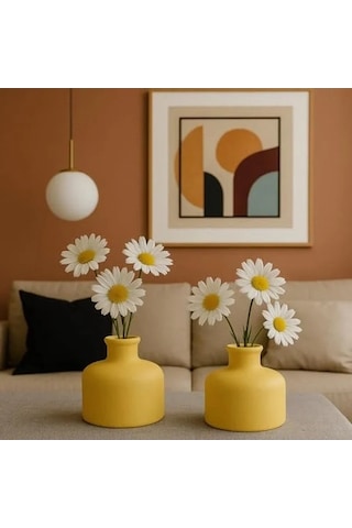 Mat Dekoratif Mini Vazo Seti, 2'li Pastel Sarı Açık Ahşap