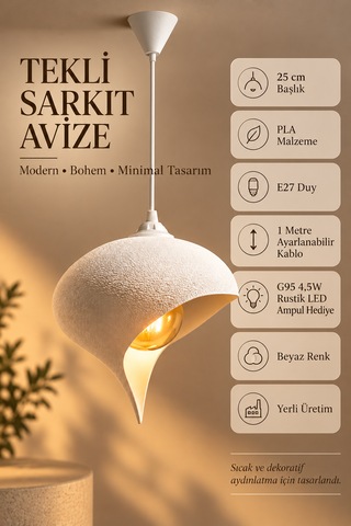 Beton Görünümlü Tekli Sarkıt Avize Asimetrik Damla Modern Bohem E27 G95 Rustik Led Ampul Hediyeli Beyaz