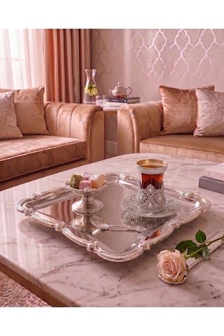 Yumeo Luna Kare Aynalı Gümüş Sunum Tepsisi - Söz, Nişan, Damat Kahvesi & Kız İsteme Tepsisi