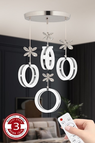 3 Renk Kumandalı Krom Kasa Yüzük Led Avize 4 Lü Modern Ledli Aviz