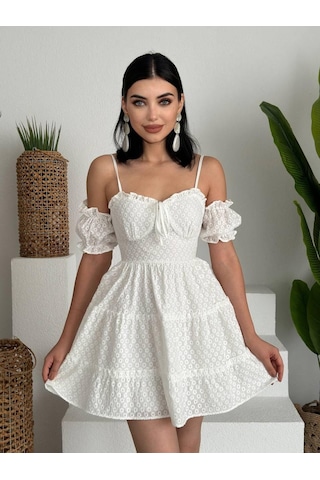 Tua Moda Lucca Kolu Lastikli Mini Elbise Beyaz
