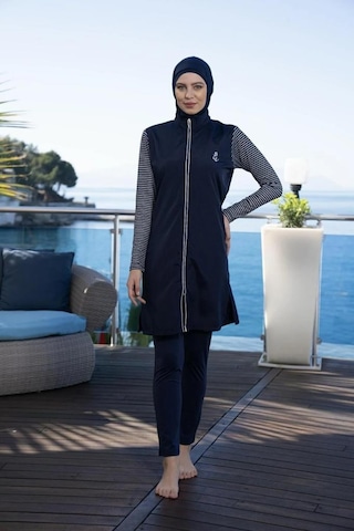 Estiva 24954 Marine Kollar Çizgili Tam Boy Tesettür Mayo Lacivert