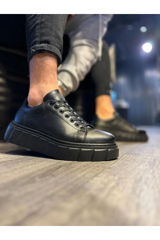 Ay Mood Jy144 Volt Bağcıklı Cilt Erkek Günlük Sneaker Yüksek Taban Ayakkabı Cst Siyah