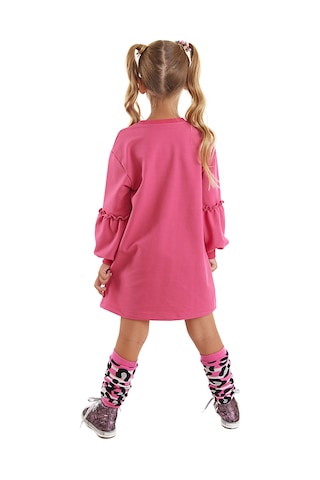 Denokids Kız Çocuk Kışlık Leopar ve Zebra Desenli Pamuklu Pembe Uzun Kollu Elbise 3-9 Yaş