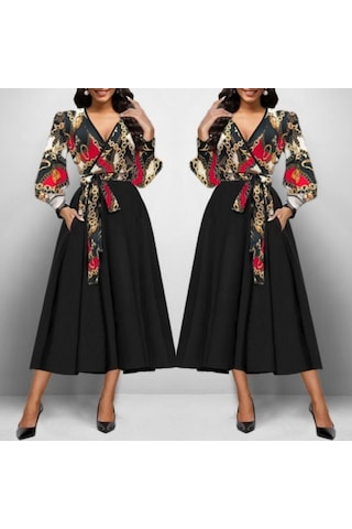 Kadın Kruvaze Yaka Uzun Kollu Dalgıç Krep Midi Elbise