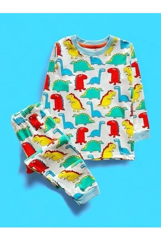 Cantoy Erkek Çocuk Pamuklu Dinazor Baskılı Pijama-15271 Beyaz