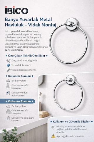 İbico Banyo Yuvarlak Metal Havluluk Vidalı Montaj Metal