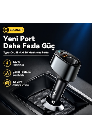 Essager 120w Araç Şarj Cihazı Çakmaklık Çoğaltıcı Type-c Usb Pd Hızlı Şarj 12-24v Pd3.0 Qc3.0 Pd Hızlı Şarj