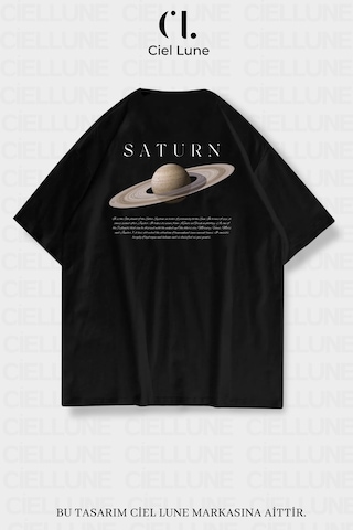 Nevermınd Unisex Kadın Erkek Saturn Baskılı Özel Tasarım Oversize Tişört Siyah siyah