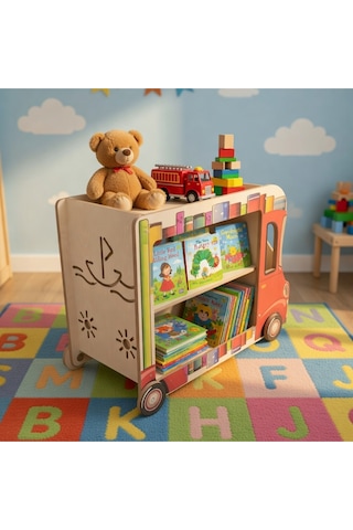 Montessori Dekoratif Çocuk Odası Kitaplığı Ve Tekerlekli Oyuncak Kutusu Kamyonu Kırmızı