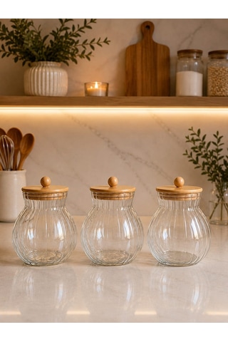 Qerhome Bambu Kapaklı Borosilikat Cam Kavanoz Seti Çizgili Erzak Ve Bakliyat Saklama Kabı 3 Ad 1000 Ml Dr 53 Şeffaf