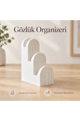 Gözlük Organizeri 3 Bölmeli Masaüstü Gözlük Standı Dekoratif Gözlük Tutucu Beyaz