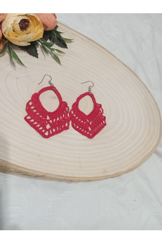 Golden Takış Modern El İşi Örgü Küpe Kırmızı