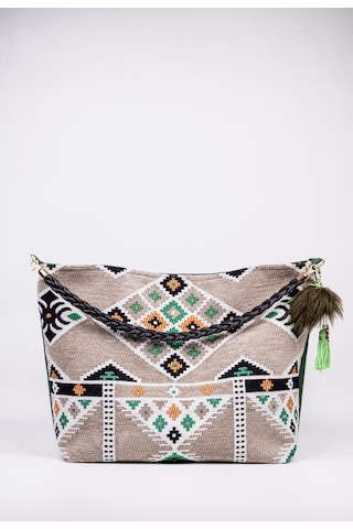 Fabric Craft Bag Omuz Çantası Jakar Dokuma Etnik Desen Gri Yeşil Gri - Yeşil