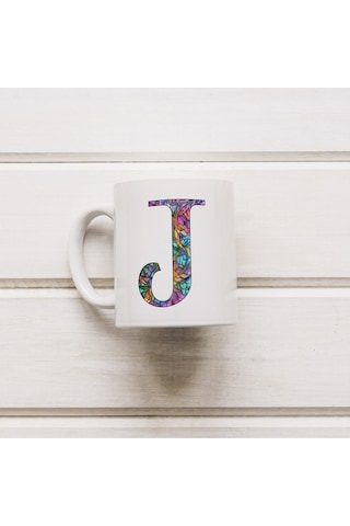 J Harfi Bardak 330 Ml İsme/harfe Özel Hediye, Renkli Harf Tasarım Beyaz