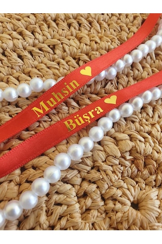 Dökülen İncili Isimli Yüzük Kurdelesi Nişan Kurdelesi Kırmızı