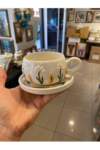 Seramik El Yapımı Fincan Takımı 2'li Set Dal Papatya Desenli Beyaz - Sarı