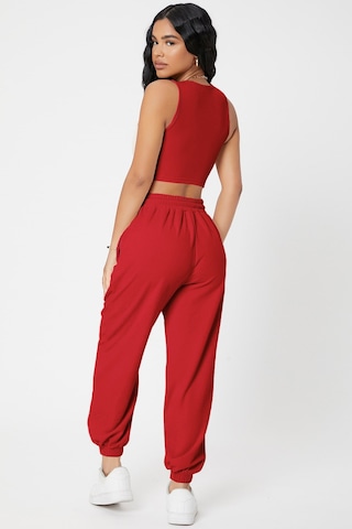 Modi Kadın Kırmızı Kaşkorse Cepli Jogger Eşofman Altı Ve Crop Top Bluz