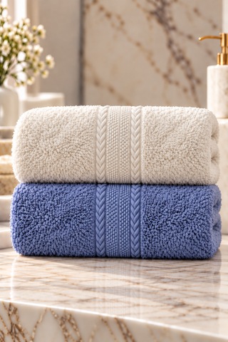 Puffy 2 Adet %100 Bambu Renkli Çavuş Desenli Ultura Yumuşak 50x85 Cm Havlu / Yüz Havlusu / Saç Havlusu / Çeyiz Seti Açık Mavi