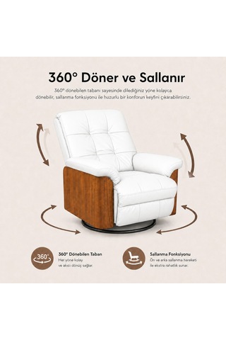 Smarto Relax Miami Elektrikli Masajlı Döner Sallanan Tv Koltuğu Kontrol Panelli Ahşap Yan Panelli Gerçek Deri Baba Koltuğu Beyaz
