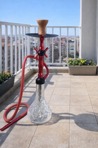 Lüks Cam Nargile Takımı 60 Cm Kırmızı Metal Gövde, Şeffaf Cam Taban 16 Cm, Bahçe Balkon Teras Kullanımına Uygun