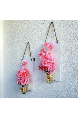 Led Işıklı, Pembe Bahardalı Çiçekli Duvar Dekoru Beyaz İkili Set Beyaz