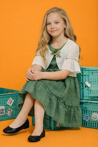 Fesshera Kids Kız Çocuk Elbise Dantel Bolerolu Ve Fırfırlı Elbise Takımı Bayramlık Özel Gün Düğün Elbisesi Yeşil