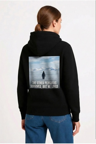 Novalisse Kadın 3 İplik Pamuklu Kapüşonlu Hoodie Sweatshirt Survivor Penguen Baskılı - Siyah Çoklu Renk