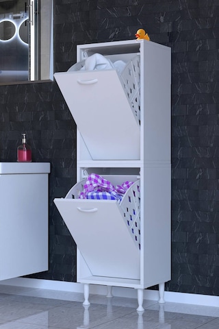 Deniz 2 Katlı Kirli Sepeti, Çok Amaçlı Banyo Dolabı - 50 X 138 X 32,5 Cm 50 Cm